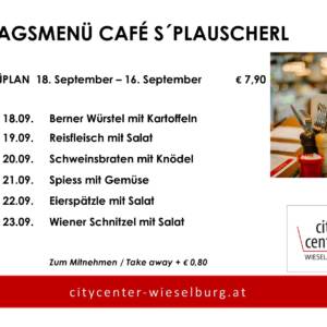 Menüplan Café s`Plauscherl vom 18. bis 23. September