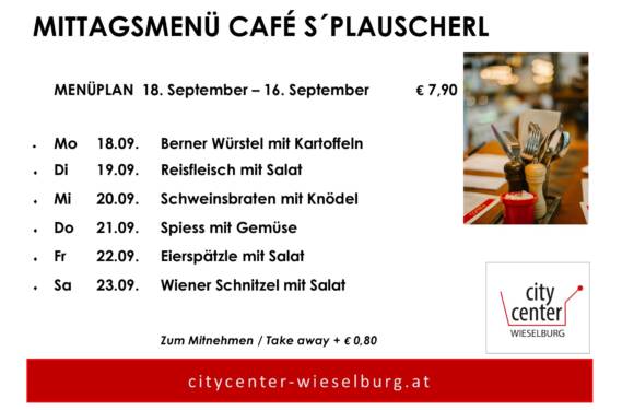 Menüplan Café s`Plauscherl vom 18. bis 23. September