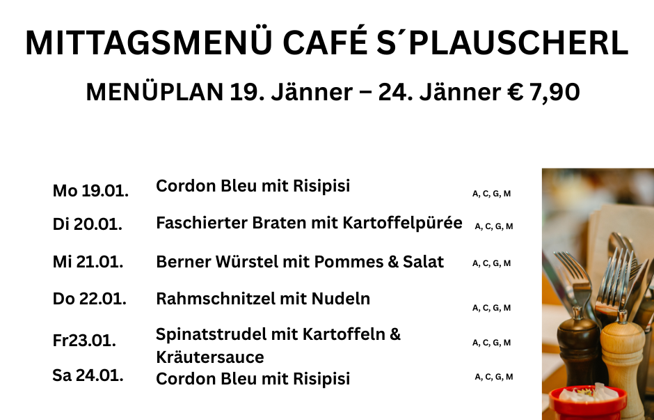 Menüplan Café s`Plauscherl